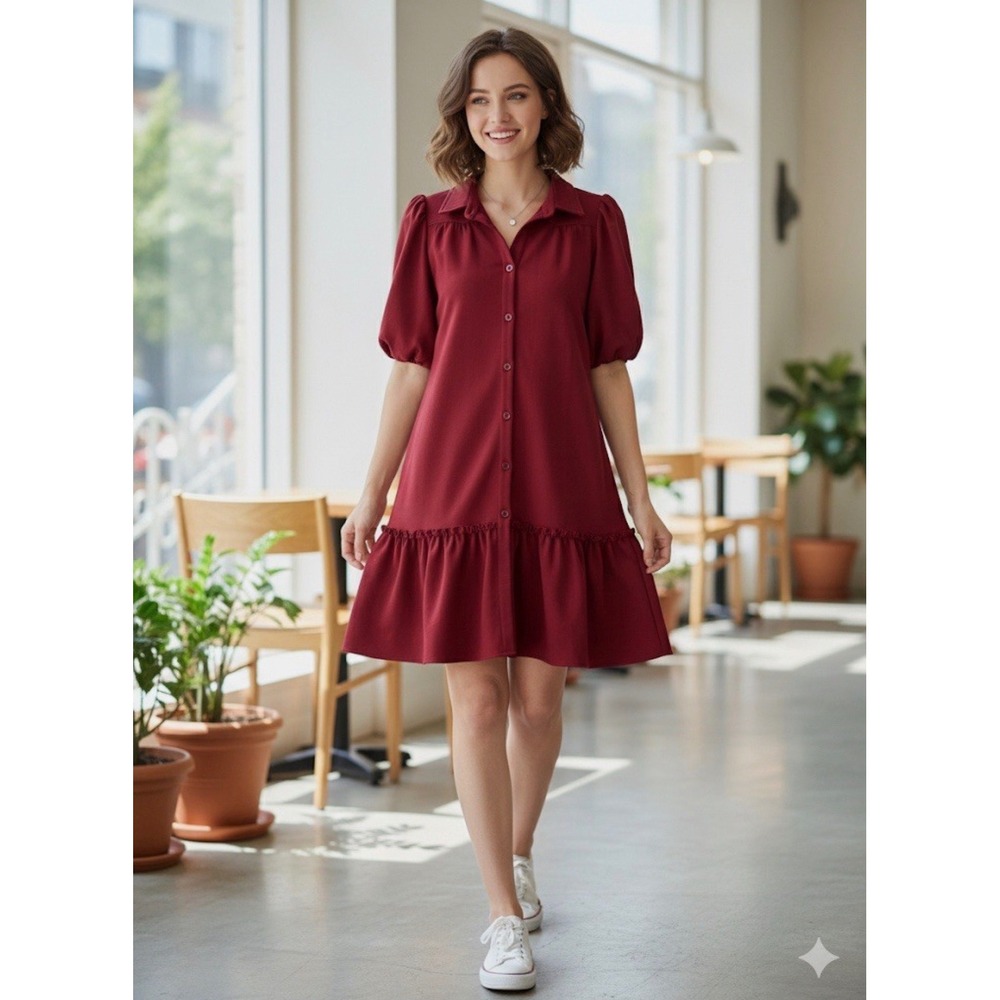 Fate Deep Pink Faux Suede Puff Sleeve Ruffle Trim Dress Sz S Oversized Boho‎